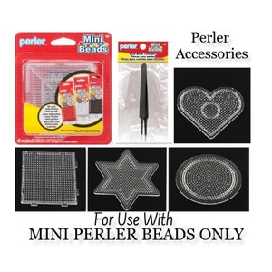 May include: Perler bead accessories for use with mini beads. The set includes a heart, star, and circle shaped pegboard, a square pegboard, and a pair of tweezers. The packaging says "Perler Accessories" and "For Use With MINI PERLER BEADS ONLY".