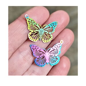 5 pcs, Stainless Steel, Etched Butterfly Pendants, Nature Charms, Butterfly Jewelry, Oil Slick, Multi-color Embellishment, Filigree, #79