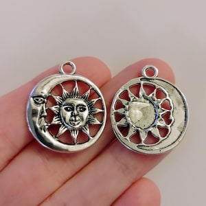 Set of 10, Silver Sun Charms, Sun Moon Pendants, Celestial Jewelry, Galaxy Jewelry, Hippie Sun, Tibetan Style, Bulk Pendants, Charm Lot, #7N