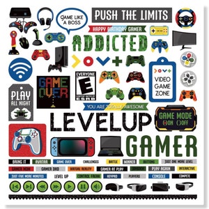 Stickers gamer, feuilles d'autocollants en papier cartonné 12 pouces, autocollants pour scrapbooking, autocollants pour jeux vidéo, autocollant familial amusant soirées jeux, consoles de jeux vidéo, n° 16