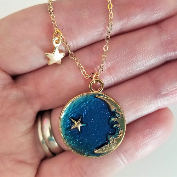 1, Moon Necklace, Brass Chain, Celestial Pendant, Blue Enamel Moon, Golden Pendant, Universe Gift, Galaxy Gifts, Moon Stars, Shimmer, #26