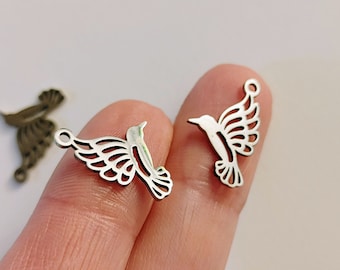 Set of 5, Stainless Steel, Silver Hummingbird Charms, Nature Charms, Bird Jewelry, Charm Bracelet, Pendant Lot, Pendants, Charms, #45G