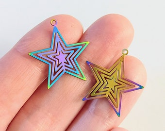 7 pcs, Stainless Steel, Etched Star Pendants, Celestial Charms, Star Jewelry, Oil Slick, Multi-color  Embellishment, Filigree Pendant, #55