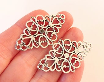 Set of 10, Filigree Joiners, Detailed Lace, Silver Alloy Filigree, Etched Metal, Embellishments, Filigree Findings, #89B