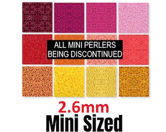 May include: A collection of 2.6mm mini-sized Perler beads in various colors, including red, pink, orange, and yellow. The image includes the text "ALL MINI PERLERS BEING DISCONTINUED."