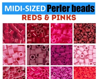 May include: A collection of midi-sized Perler beads in various shades of red and pink. The image is divided into nine sections, each showcasing a different hue of the beads. Text at the top reads "MIDI-SIZED Perler beads REDS & PINKS".