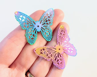 2 pcs, Stainless Steel, Etched Butterfly Pendants, Nature Charms, Butterlfy Jewelry, Oil Slick, Multi-color Embellishment, Filigree, #76