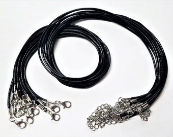 Lot 1.5mm Black Waxed Cord Necklace Clasps and Extension Chains Made Ships USA!