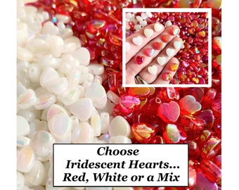 100 Beads, Acrylic AB Heart Beads, White Red AB Hearts, Iridescent Beads, 8mm Beads, Earring Bead, Love Beads, Jewelry Making, #25C