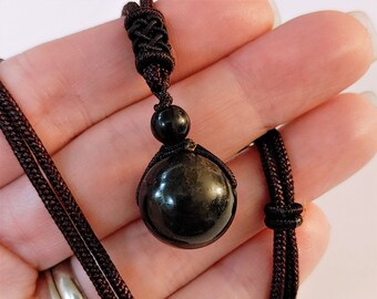 1, Natural Obsidian, Obsidian Necklace, Gemstone Pendant, Gemstone Necklace, Adjustable Necklace, 16mm Gemstone, Smooth Round Pendant, #224