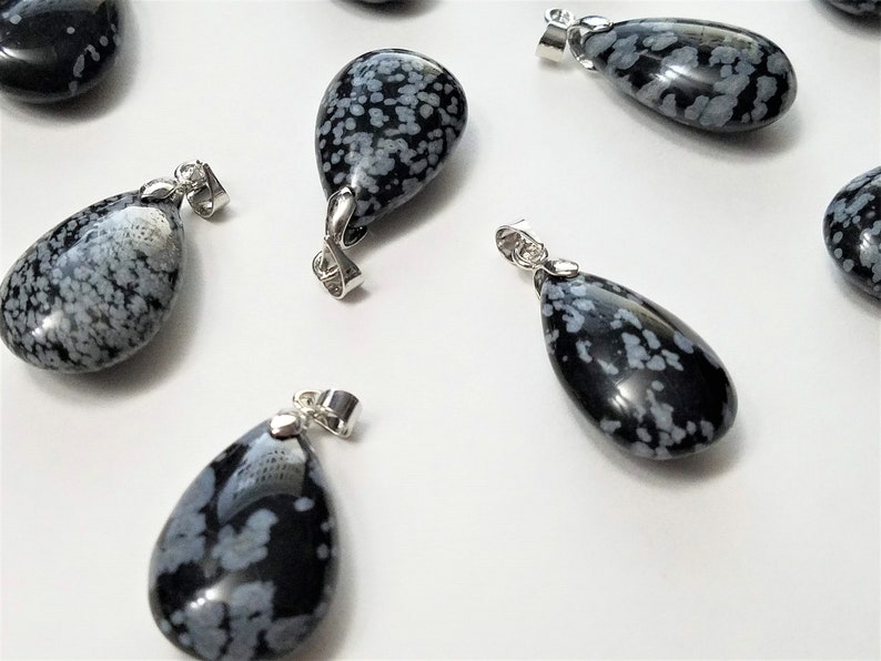1 Drop Stone Platinum Tone Alloy Findings Gemstone Pendant #214 Teardrop Pendant Natural Snowflake Obsidian Black Stone Smooth Stone