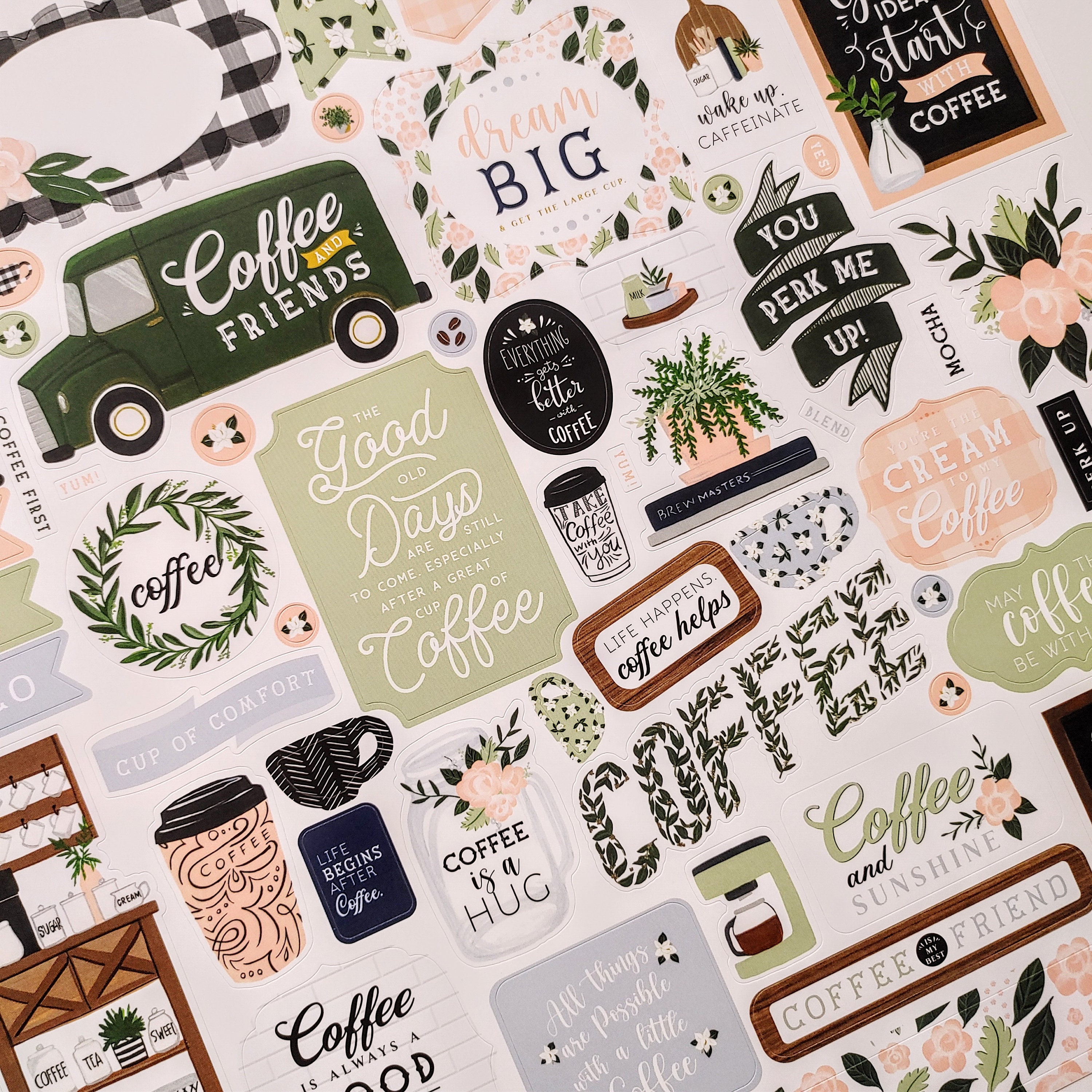Coffee & Friends, 12x12 Stickers, Scrapbook Paper Stickers, Coffee Lovers  Sticker, Caffeine Sticker, Scrapbooking Sticker, Coffee Mugs,14 