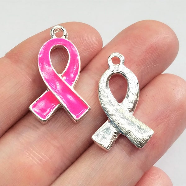 Set of 5, Enamel Ribbons, Breast Cancer, Cancer Awareness, Love Pendants, Pink Ribbon, Pink Bows, Health Pendants, Pink Hope Charms, #82B