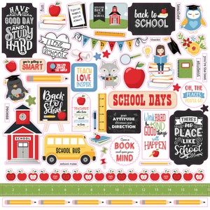 May include: A set of colorful school-themed stickers featuring various designs, including a school bus, a schoolhouse, apples, a ruler, and a pencil. The stickers also include phrases like "Back to School", "School Days", and "Work Hard Be Kind".