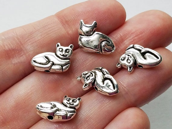 Set of 20, Cat Beads, Silver Beads, Silver Cats, Cat Jewelry, Kitty Gifts,  Kitten Charms, Tibetan Style, Pendant Lot, Bulk Charm, 20N 