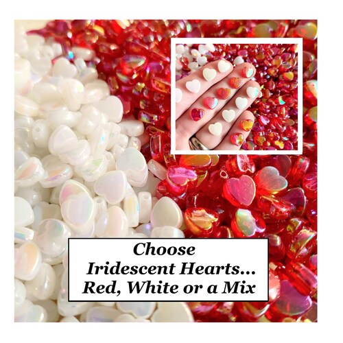 100 Beads, Acrylic AB Heart Beads, White Red AB Hearts, Iridescent Beads, 8mm Beads, Earring Bead, Love Beads, Jewelry Making, #25C