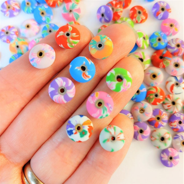 40pc/75pc, Flat Polymer Clay Beads, Handmade Polymer, Clay Beads, Floral, Mixed Color Beads, Flat Beads, 10mm Beads, Round Disc Beads, #2T