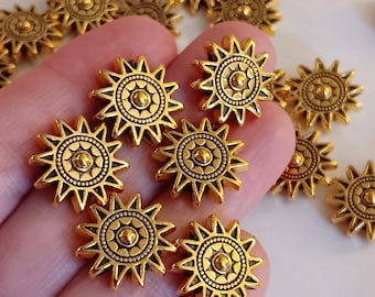 10pcs or 20pcs, Gold Sun Beads, Golden Double Sided Detailed Beads, Flat Necklace Beads, Bracelet Accents, #12F