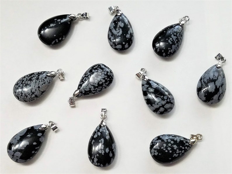 1 Drop Stone Platinum Tone Alloy Findings Gemstone Pendant #214 Teardrop Pendant Natural Snowflake Obsidian Black Stone Smooth Stone