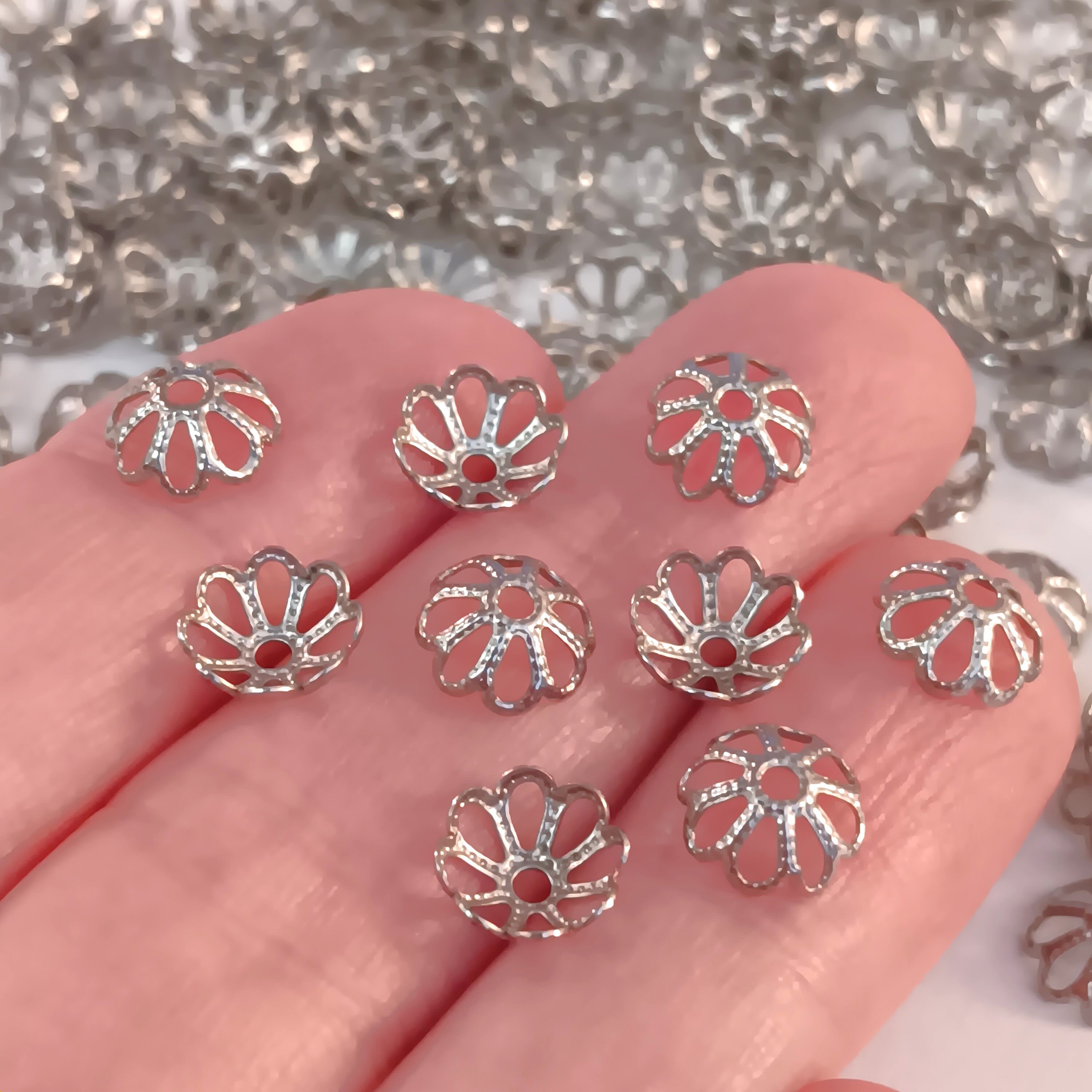 Set of 50, Silver Bead Caps, 8mm Silver Caps, Stainless Steel Caps, Flower Caps, Floral Caps, Silver Bead Covers, #40A