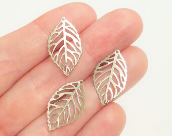 Set of 10, Stainless Steel, Silver Leaf Pendants, Nature Charms, Leaf Jewelry, Charm Bracelet, Pendant Lot, Pendants, Charms, #64