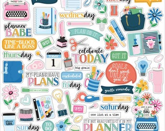 May include: A collection of colorful planner stickers with various designs and text. Includes stickers with phrases like "Plan on it," "Celebrate Today," and "Goals don't work unless you do." Features flowers, a typewriter, and stationery.