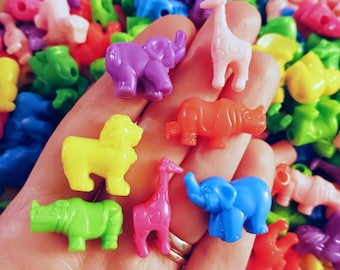 21 pcs, Colorful Animals, Plastic Animals, Mixed Animals, Plastic Beads, Animal Shaped Beads, Zoo Animal Beads, Giraffe Lion Elephant, #24B