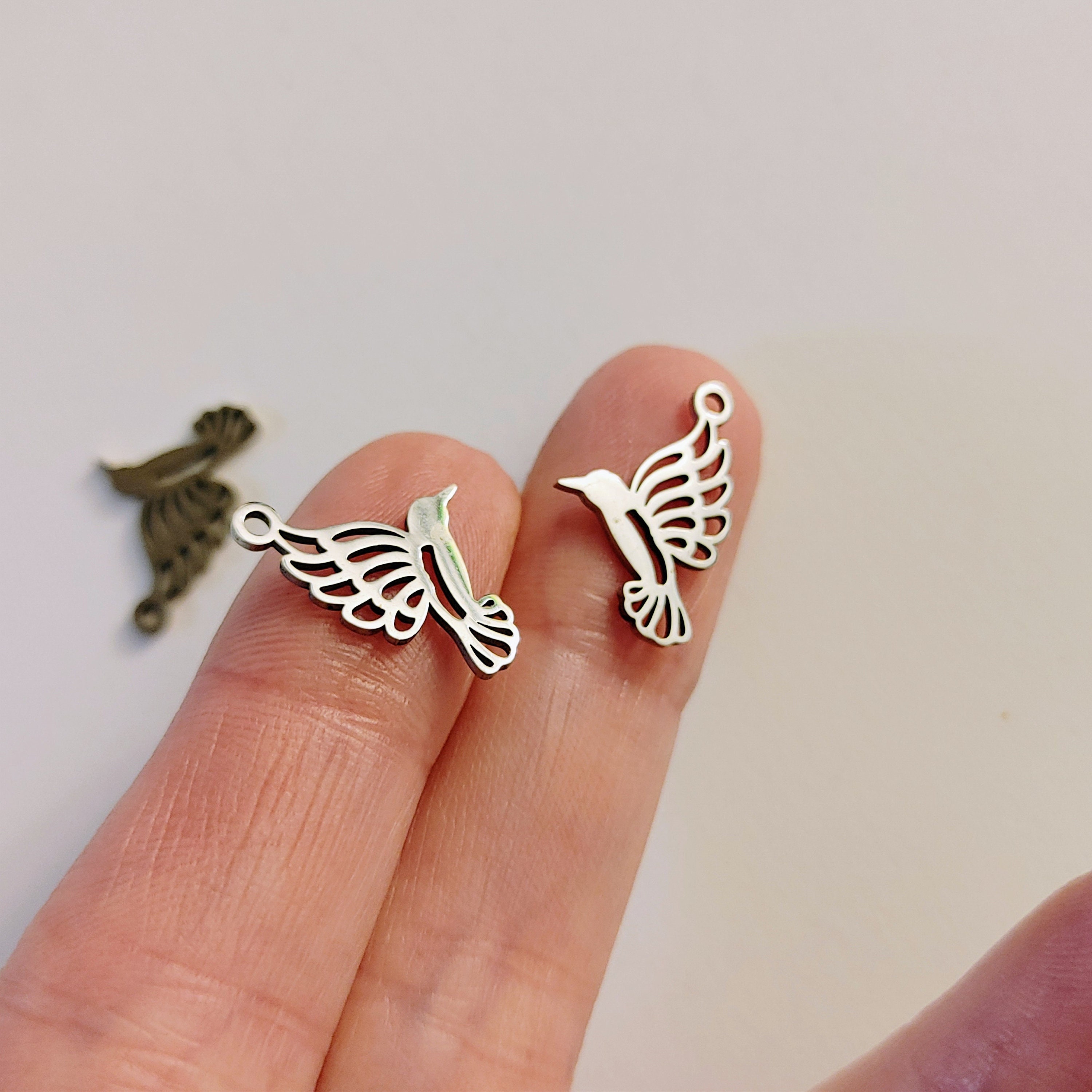 Set of 5, Stainless Steel, Silver Hummingbird Charms, Nature Charms ...
