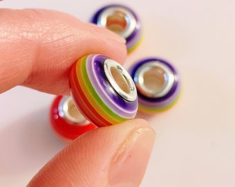 Set of 10, Rainbow Beads, Resin Beads, Colorful Striped Beads, Rainbow Beads, 14mm, Smooth Round, European Beads, #27A