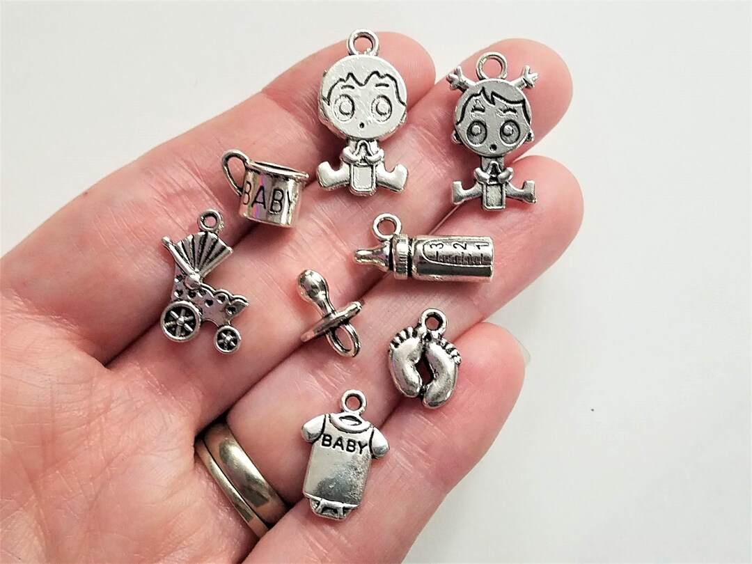 Set of 8, Silver Baby Charms, Baby Pendant Set, Kid Jewelry, Baby Gifts