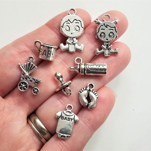 Set of 8, Silver Baby Charms, Baby Pendant Set, Kid Jewelry, Baby Gifts, Tibetan, Children, Pendants, Bulk Charms Lot, #70C