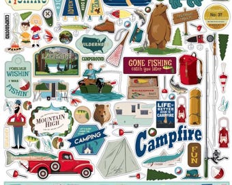 Gone Camping Stickers, 12"X12" Scrapbook Cardstock Stickers, Outdoor Camping, Nature Campfire, Fishing, Hiking Gifts, #13