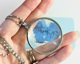 1, Magnifying Necklace, Round Glass Pendant, Long Rope, 5x Magnification, Silver Spy Reading Necklaces, #286