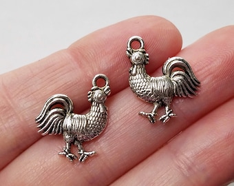 Set of 15, Rooster Charms, Silver Charms, Animal Charms, Farm Chickens, Egg Lovers, Silver Jewelry, Tibetan, Pendant Lot, Bulk Charms, #12C