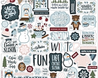 Winter Fun Stickers, 12" Cardstock Scrapbook Sticker Sheets, Winter, Snowflake Snowman Fun Stickers, #17