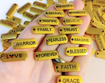 Set of 10, Inspirational Charms, Golden Pendants, Family, Love, Trust, Blessed, Inspire, Faith, Gold Word Pendants, Bracelet Making, #70B