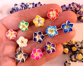 Set of 15, Flower Beads, Plumeria Beads, Clay Flowers, Polymer Clay, Handmade Beads, 3D Flowers, Colorful Flowers, #47A