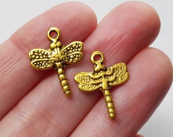 Set of 25, Dragonfly Charms, Gold Dragonflies, Insect Jewelry, Butterflies, Dragonfly, Bees, Tibetan Style, Charm Lot, Bulk Pendant, #50B