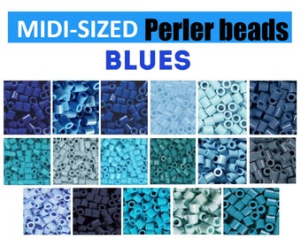 May include: A collection of midi-sized Perler beads in various shades of blue. The image features a range of colors, from deep navy to light turquoise, arranged in rows. Text at the top reads "MIDI-SIZED Perler beads BLUES."