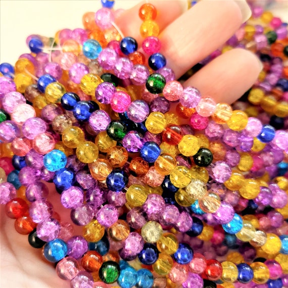 Glass Crackle Beads, Loose or Strand, Glass Beads, Crackle Beads, 6mm Beads, Sparkling Beads, Colorful Beads, Suncatcher Beads