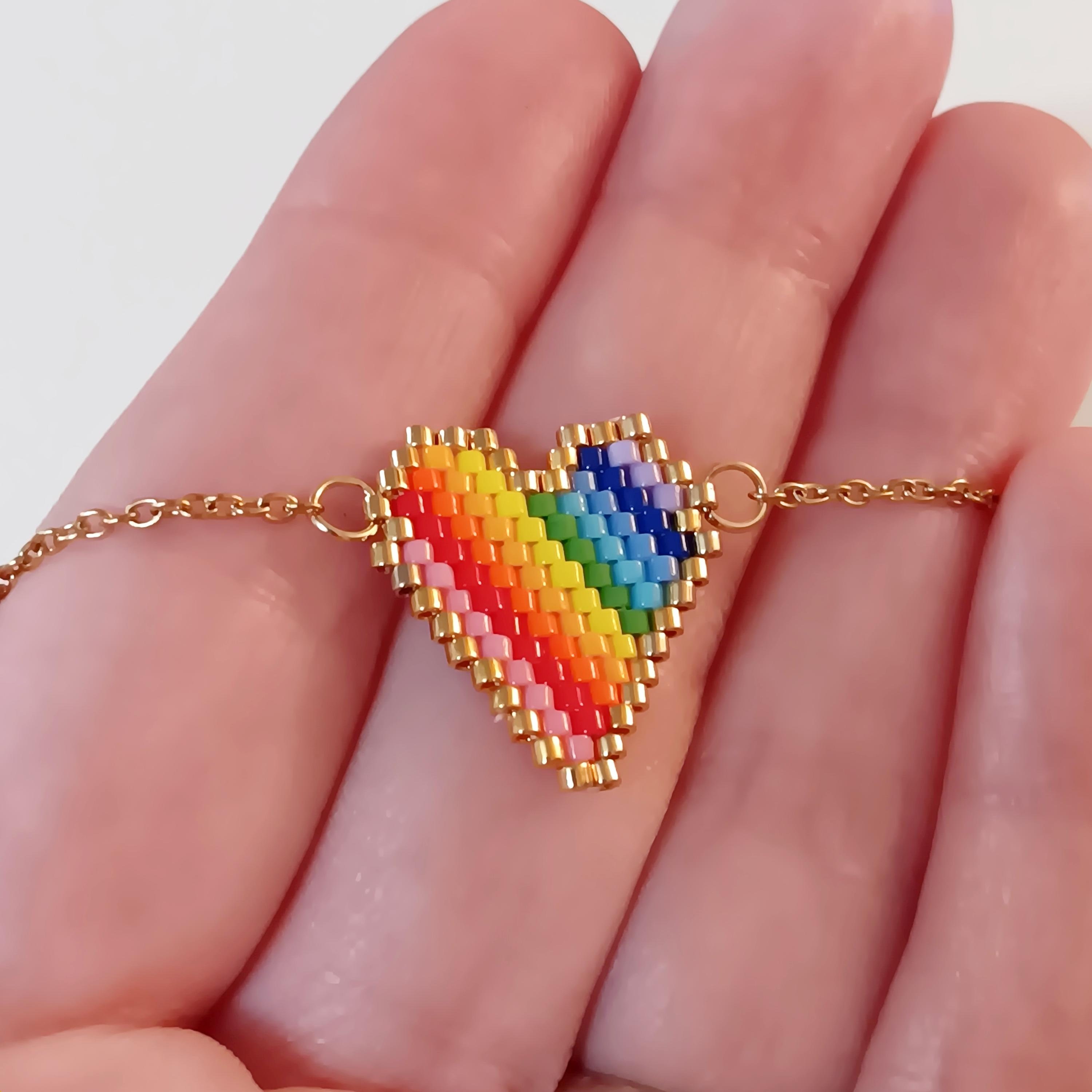 Rainbow Necklace, Seed Bead Necklace, Braided Heart Necklace