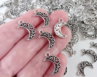 Set of 15, Silver Moon Charms, Whimsical Galaxy Pendants, Celestial Jewelry, #76C