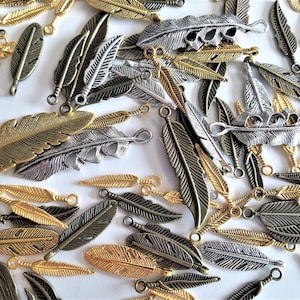 Set of 25, Feather Pendants, Mixed Styles, Indian Feathers, Silver Gold Bronze Feather Pendants, Tibetan, Large and Small Feathers, #37H