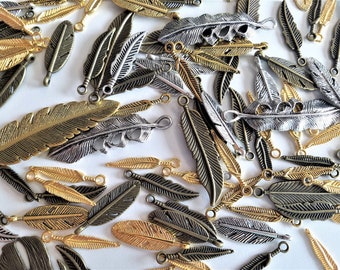 Set of 25, Feather Pendants, Mixed Styles, Indian Feathers, Silver Gold Bronze Feather Pendants, Tibetan, Large and Small Feathers, #37H