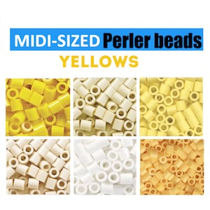 May include: An assortment of yellow and off-white midi-sized Perler beads. The image features six different shades of yellow beads, including bright yellow, cream, and pale yellow. The text "MIDI-SIZED Perler beads YELLOWS" is displayed at the top.
