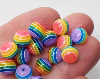 striped 8 mm rainbow round 100 pcs resin beads