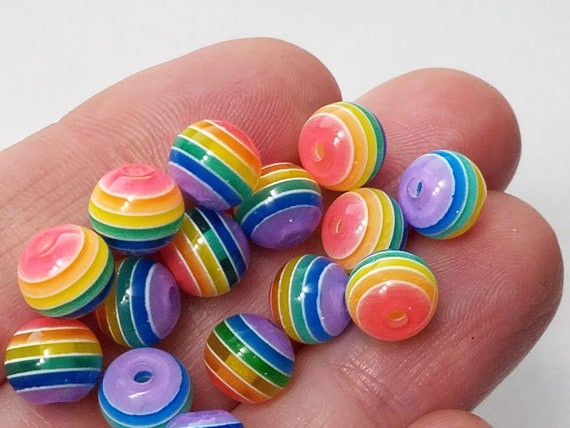 BeadTin Mixed Colors & White Striped 12mm Round Resin Beads (50pcs)