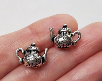 Set of 15, Silver Teapots, Teapot Charms, Teapot Pendants, Tea Gifts, Kitchen Items, Tea Time, Tibetan, Pendants Lots, Bulk Charms, #54C