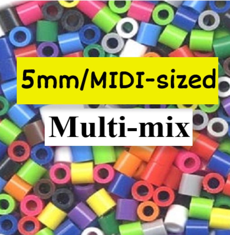 Puede incluir: Un surtido colorido de cuentas MIDI de 5 mm en una mezcla m&uacute;ltiple. Las cuentas son cil&iacute;ndricas con un agujero en el centro, en varios colores como rojo, azul, verde y morado. El texto en la imagen dice "5mm/MIDI-sized" y "Multi-mix".