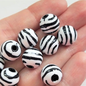 Set of 50, Zebra Beads, 11mm Round, Striped Beads, Opaque Acrylic, Necklace Beads, DIY Jewelry, Earring Beads, Beads, Jewelry Making, #22A